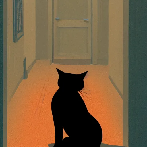 Image similar to close up of a cat stretching in a hallway, silhouette, warm colors, beautiful composition, by Atey Ghailan, by Craig Mullins, digital art, digital painting, trending on artstation,