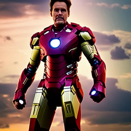Image similar to jim carrey in an iron man suit, cinematic lens, heroic pose, wide shot, from avengers endgame