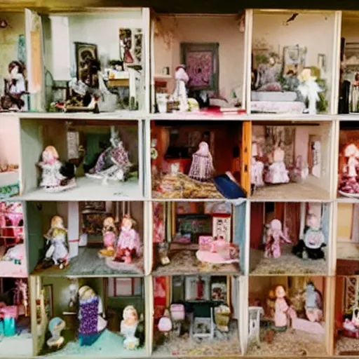 Image similar to liminal space of a doll house, found footage, backrooms, spooky