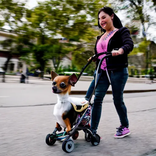 Prompt: a photo of a chihuahua pushing its human in a stroller, 4K UHD, 16mm f/1.4