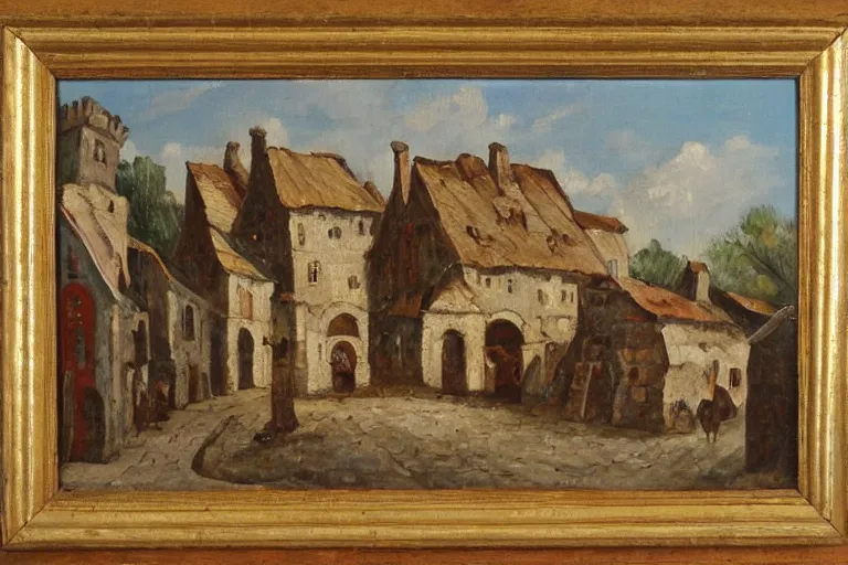 Prompt: old village, middle ages, oil painting, oil in canvas, brushstrokes