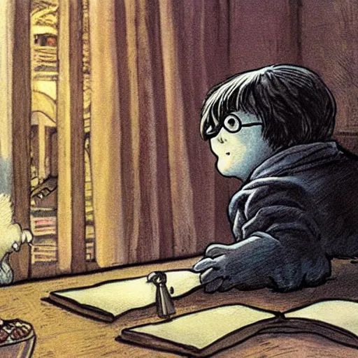 Prompt: a film still of harry potter, artwork by maurice sendak