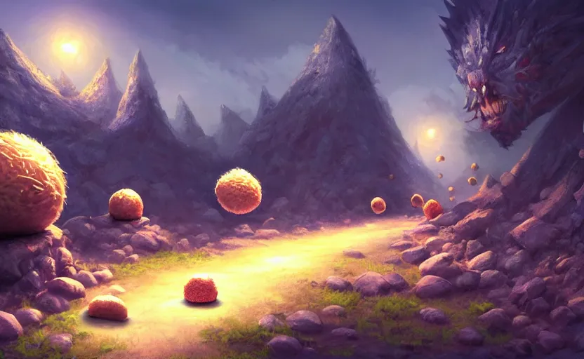 Image similar to magic : the gathering fantasy concept art of excited riceballs with excited expressions bouncing down a mountain path, by marco bucci, high resolution, the riceballs are bouncing up and down and leaving a trail of rice seeds behind them, fantasy coloring, intricate, digital painting, artstation, smooth, sharp focus