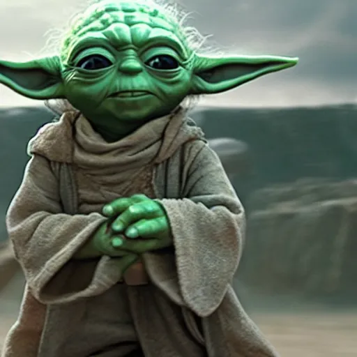 Image similar to film still of yoda racing in his race car in the new star wars movie 4 k