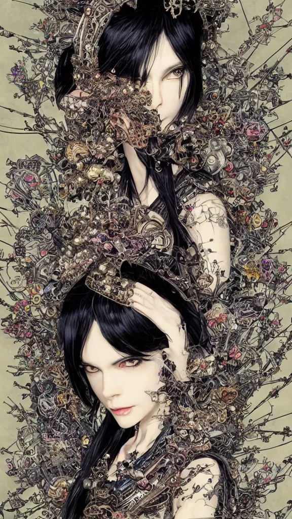 Image similar to cyberpunk fashion a beautiful black haired woman with pale skin and a crown on her head sitted on an intricate metal throne skin wrapped in flowers and wired, vintage style, by yoichi hatakenaka, masamune shirow, josan gonzales and dan mumford, ayami kojima, takato yamamoto, barclay shaw, karol bak, yukito kishiro