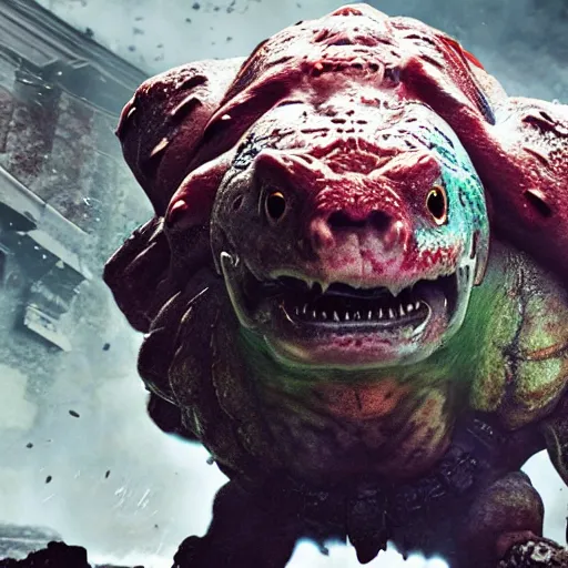 Image similar to Venusaur in gears of war, splash art, movie still, detailed face, photorealistic facial features, cinematic lighting, dramatic, octane render, long lens, shallow depth of field, bokeh, anamorphic lens flare, 8k, hyper detailed, 35mm film grain