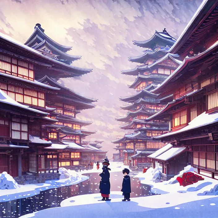 Image similar to japanese city, winter, in the style of studio ghibli, j. c. leyendecker, greg rutkowski, artem