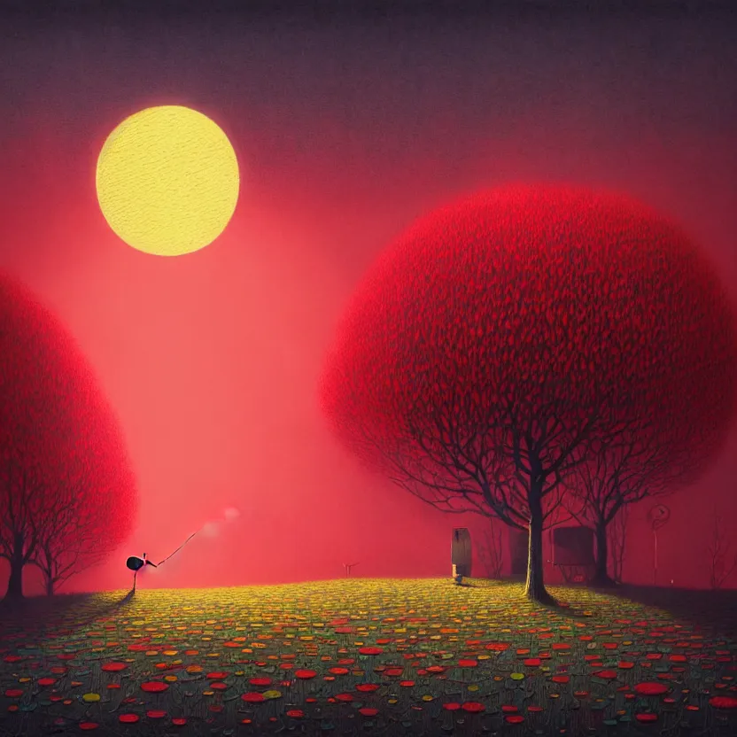 Image similar to red moon, summer morning, very coherent and colorful high contrast, art by! gediminas pranckevicius! geof darrow, pastel color, volumetric lighting, cinematic, floralpunk screen printing woodblock, dark shadows, hard lighting, stippling art