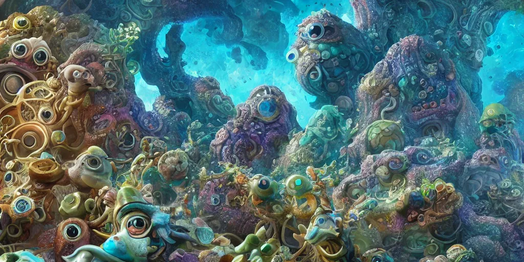 Image similar to of an intricate sea reef with strange cute friendly happy creatures with huge eyes, mouth, long tongue, round teeth and goofy face, appearing from the background, in the style of gehry and gaudi, macro lens, shallow depth of field, ultra detailed, digital painting, trending artstation, concept art, illustration, cinematic lighting, photorealism, epic, octane render