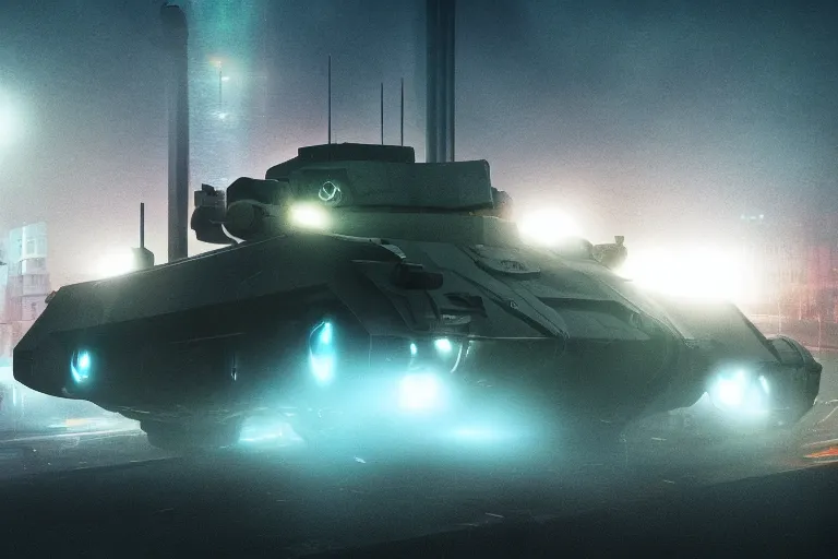 Prompt: large futuristic tank with 3 turrets taking over a futuristic city on fire, night, fog, thunder, rain, cinematic, volumetric lighting, f 8 aperture, cinematic eastman 5 3 8 4 film, photorealistic