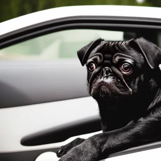 Prompt: picture of a black pug driving a car