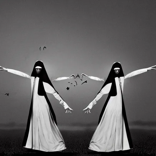 Image similar to black and white, award winning photo, levitating twin nuns each having 6 arms, wearing pentgram necklace, a guillotine is depicted, the nuns have Very long arms, in a sanctuary, eerie, frightening —width 1024 —height 1024