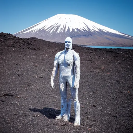 Prompt: mr freeze standing near a volcano, photography,