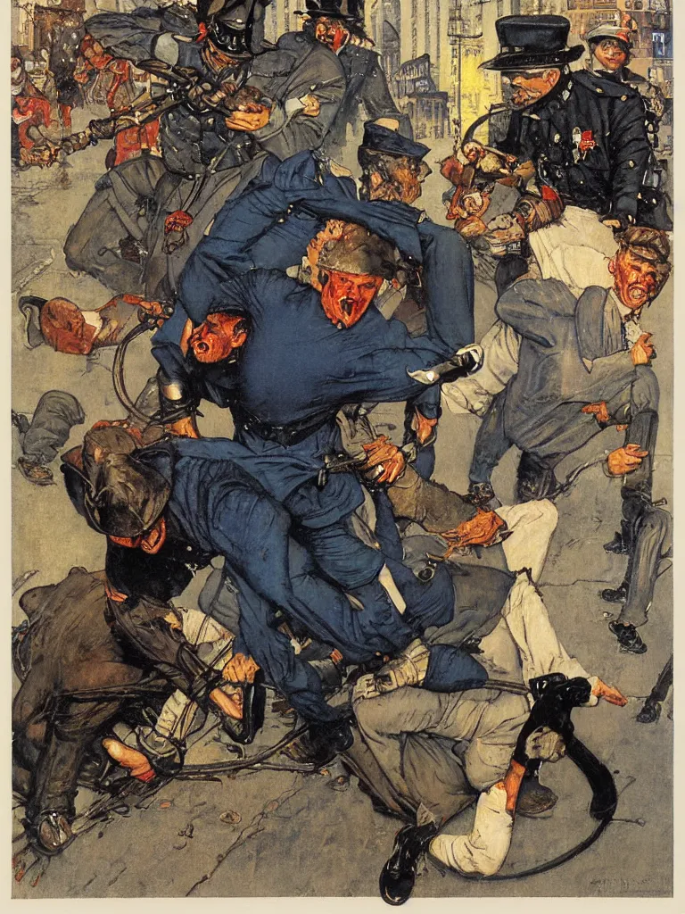 Image similar to spring heeled jack belches blue flame into the face of a victorian policeman on the nighttime streets of London, norman rockwell, jim beckner, michael alford