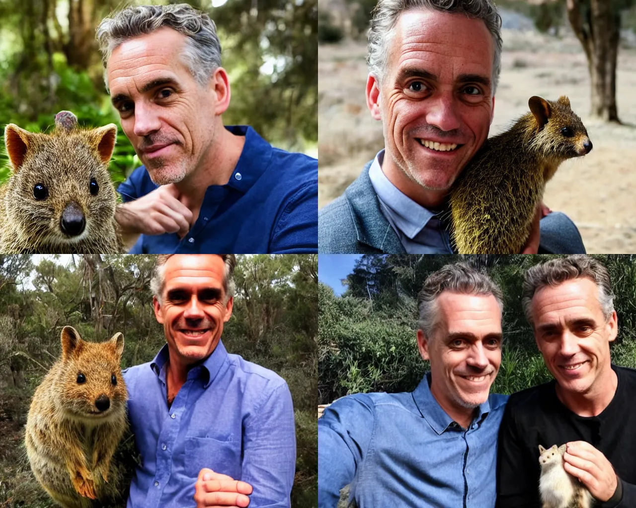 Prompt: Jordan Peterson with a happy quokka on his shoulder, f/22, 35mm photo