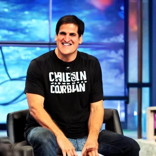 Prompt: Mark Cuban with a basketball shirt, investing in a company, in Shark Tank (2016)