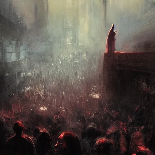 Image similar to Christ coming up from beneath blood red water, his eyes fixed toward the sky, his mouth agape, the sky is dark with god rays filtering through in the distance, a crowd looks on in silence in the far background, by Jeremy Mann, stylized, detailed, realistic, loose brush strokes