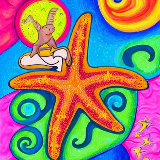 Prompt: a painting of a giant sentient brown starfish with a face with the words c and starfish in big letters. human children in a school band playing nearby, playing instruments. humans. realistic. ultra detailed. art by lisa frank with colors but early picasso in style