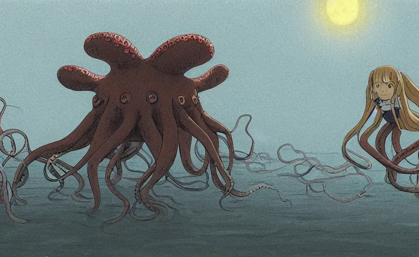 Image similar to a realistic cell - shaded studio ghibli concept art from paprika ( 2 0 0 6 ) of a flying multi - colored octopus from close encounters of the third kind ( 1 9 7 7 ) and a grey long - haired witch in a flooded stonehenge on a misty starry night. very dull colors, wide shot, hd, 4 k, hq