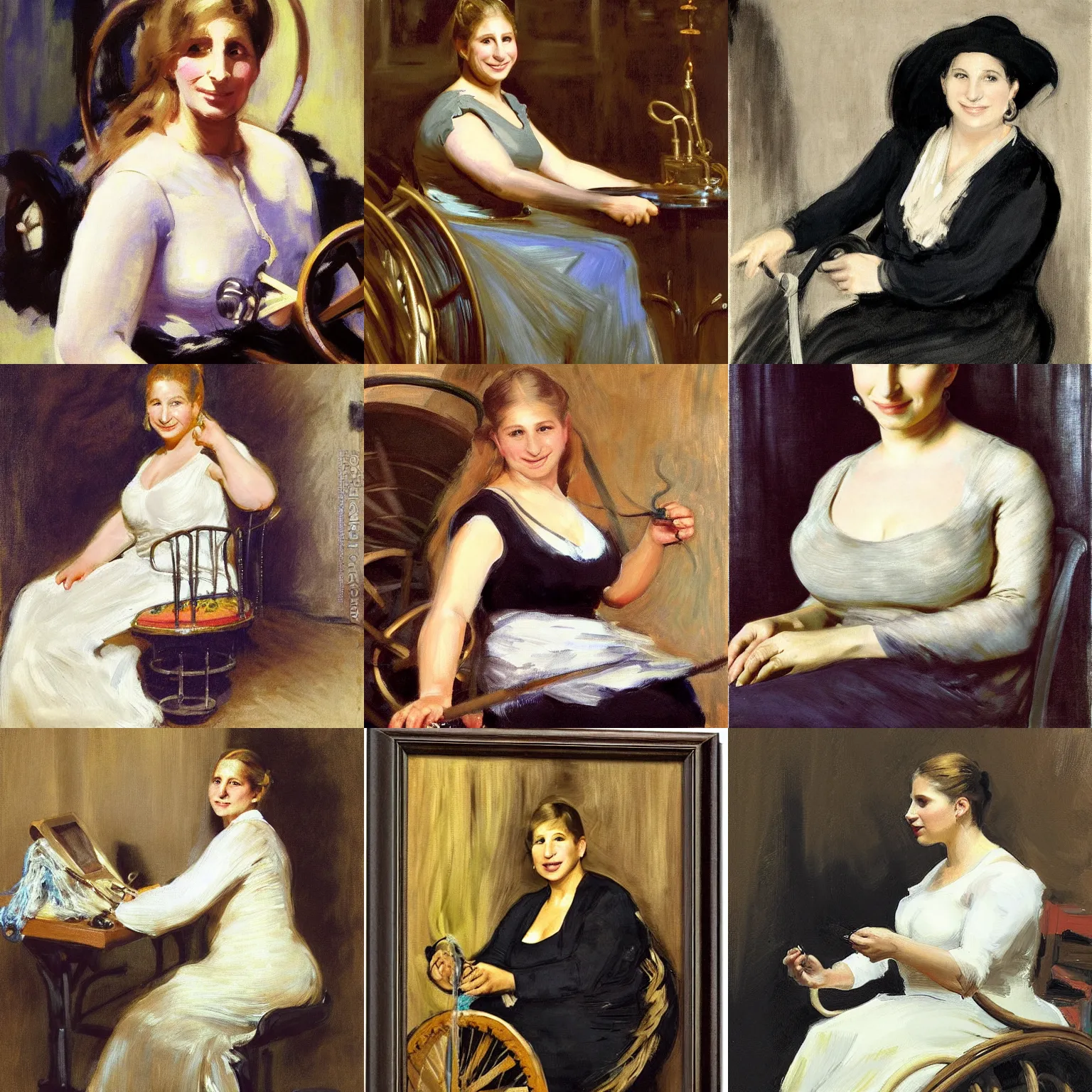 Prompt: barbra streisand sitting, spinning yarn on a spinning wheel, no makeup, wavy hair, slight smile, slightly chubby, defined facial features, symmetrical facial features. by john singer sargent