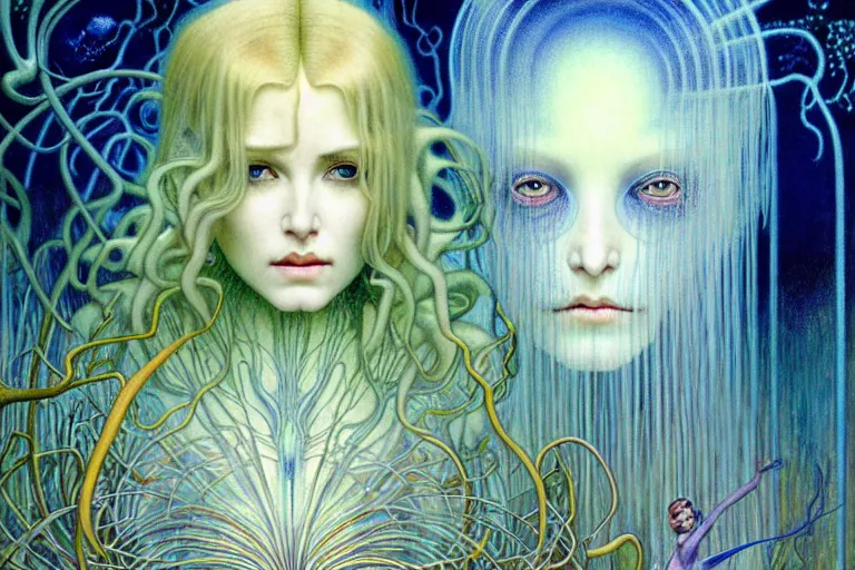 Prompt: realistic detailed portrait painting of a beautiful ghost woman with blond hair with an alien, futuristic sci-fi forest on background by Jean Delville, Amano, Yves Tanguy, Alphonse Mucha, Ernst Haeckel, Edward Robert Hughes, Roger Dean, rich moody colours, blue eyes looking at camera