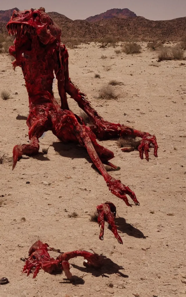 Image similar to in the desert a bloody gross horrifying The Thing creature made of muscle and bone and blood stares at the camera, eating, mid day, 35mm photography, realistic,