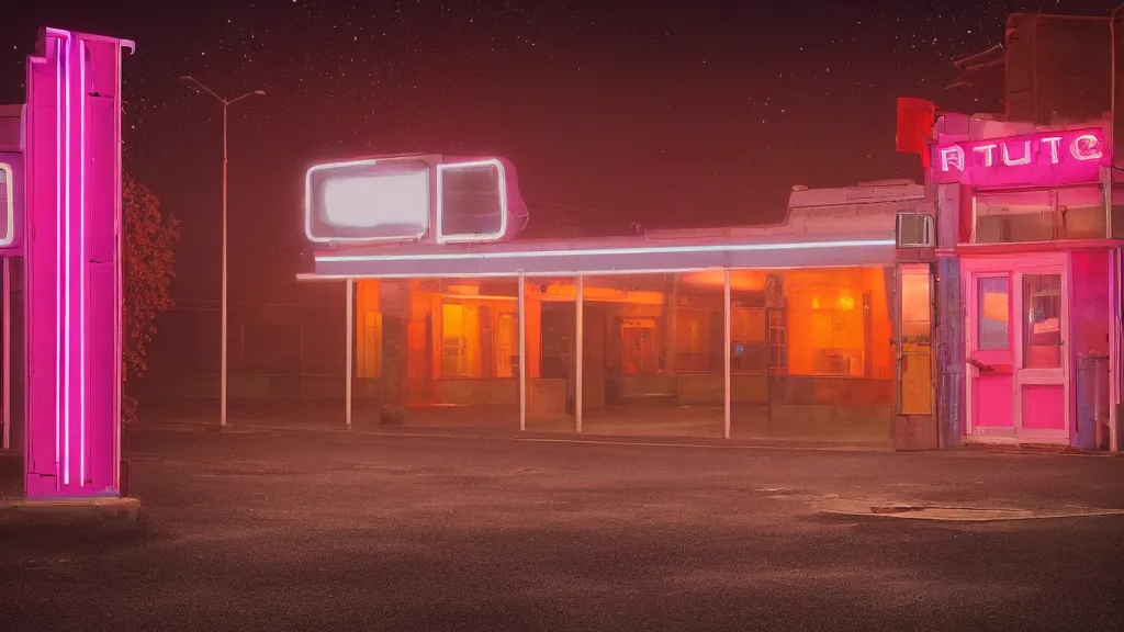 Image similar to an empty parking lout outside an abandoned retro diner at night, by lee madgwick, pink and orange neon lights, highly detailed, photorealistic, artstation trending, cryengine 8 k uhd