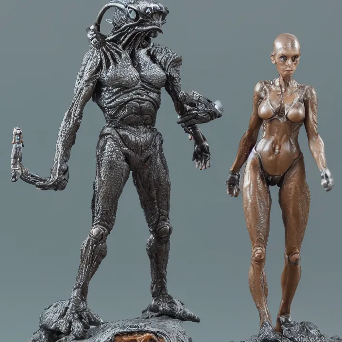 Prompt: 80mm resin detailed miniature of a Alien with a Female warrior, Product Introduction Photos, 4K, Front view, Full body