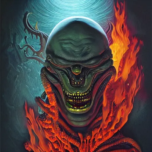 Image similar to doom giger alien demon portrait in hell, fire and flame , Pixar style, by Tristan Eaton Stanley Artgerm and Tom Bagshaw.