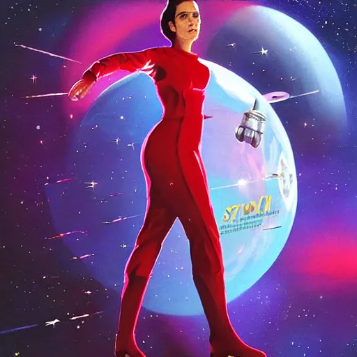 Image similar to Jennifer connelly as a stunning , beautiful retro SCI-FI space heroine 1985 , star ship taking off in the background , movie poster, intricate, elegant, highly detailed, centered, digital painting, trending on artstation, concept art, smooth, sharp focus, illustration, art by illustration, Unreal Engine 5, 8K, art by artgerm and greg rutkowski and alphonse mucha WLOP