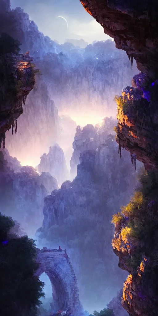 Prompt: Gorge in the mountain, white stone temple ruins, night dramatic lighting, blue and purple tones, wide camera angle, matte painting, trending on ArtStation, concept art, delightful surroundings, high detail, sharp contrast, picturesque