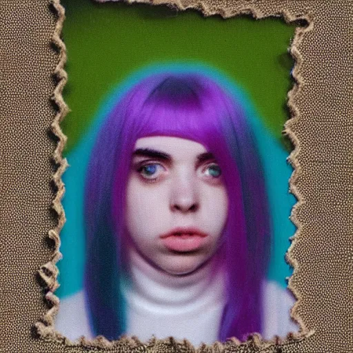 Prompt: billie eilish as a wool toy polaroid crumbled photo