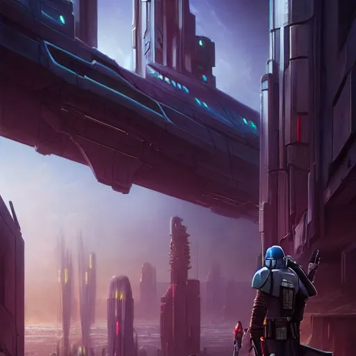 Image similar to the mandalorian watches futuristic city in the horizon, illustration by tyler edlin, detailed, sharp, masterpiece, highly detailed, photorealistic, octane render, 8 k, unreal engine. art by artgerm and greg rutkowski and charlie bowater and magali villeneuve and alphonse mucha