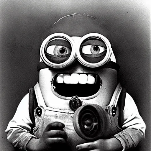 Image similar to old creepy black and white photograph of a minion!!!!! in deep sea diving gear