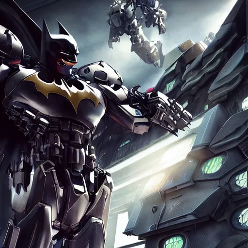 Image similar to batman mecha, mecha suit, epic urban bakground, Murata Yasushi Nirasawa Style, beautiful aesthetic, photorealistic, volumetric lighting, hyperrealistic, octane render, HDR, Production IG Studios Anime Style