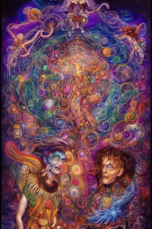 Image similar to two psychedelic shamans intertwined in a cosmic entanglement by Josephine Wall and Daniel Merriam, Artstation