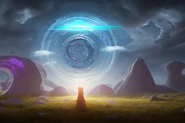 Image similar to a psychedelic realm with rolling plains made out of clouds, and a giant portal covered in runes that leads into the multiverse, in the style of wlop, illustration, epic, fantasy, hyper detailed, smooth, unreal engine, sharp focus, ray tracing