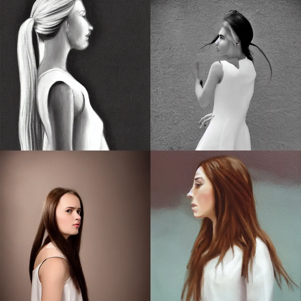 Prompt: girl with long hair, profile, white dress, by jose arpa perea