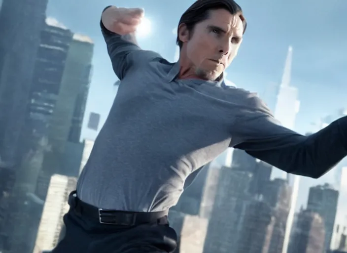 Image similar to film still of Christian Bale as Cobb with the world bending in the background in Inception, 4k