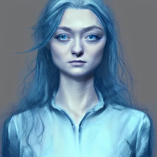 Prompt: a woman who looks like a mixture between Dakota Fanning, Bella Heathcote and Elizabeth Debicki, wearing blue utilitarian jumpsuit, scifi, highly detailed portrait, digital painting, artstation, concept art, smooth, sharp focus, illustration, ArtStation HQ