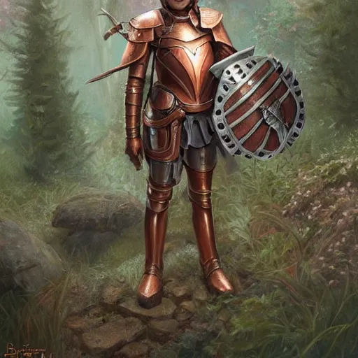 Image similar to pokimane wearing copper armor with sword and shield, small stature, short size, cute and adorable, pretty, aesthetic forest, portrait, matte fantasy painting, DeviantArt Artstation, by donato giancola, ralph horley, loish, cinematic lighting