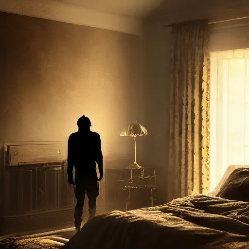 Image similar to a shadow figure standing in front of the bed while a person sleeps in it, volumetric lighting, 8 k octane beautifully detailed render, post - processing, extremely hyper - detailed, intricate, epic composition, cinematic lighting, masterpiece, trending on artstation, detailed detailed detailed, masterpiece, stunning art by anders zorn, wonderful masterpiece by greg rutkowski, beautiful cinematic light,