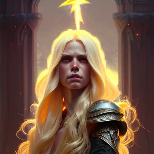 Image similar to An epic fantasy portrait of a blond woman, castle setting, horror movie lightning, intricate, elegant, highly detailed, digital painting, artstation, concept art, matte, sharp focus, illustration, art by Artgerm and Greg Rutkowski and Alphonse Mucha