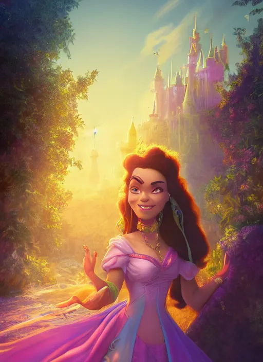 Image similar to disney esmeralda, concept art, elegent, magic background, character portrait, dynamic lighting, octane render aesethic, matte painting, gaudy colors, detailed