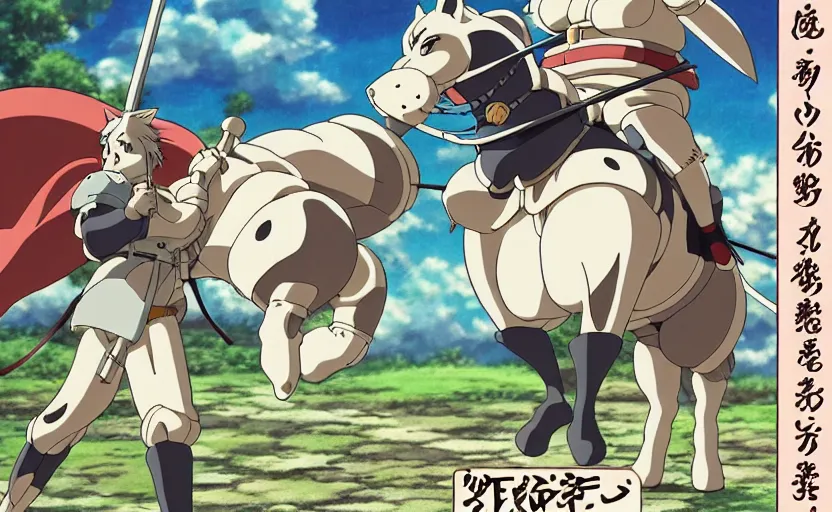 Prompt: anime fine details comics spread about obese knight riding a giant cat, bokeh. anime masterpiece by studio ghibli. 8 k, sharp high quality classic anime from 1 9 9 0 in style of hayao miyazaki