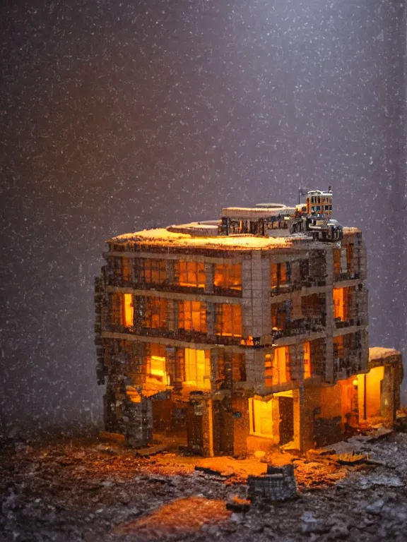 Prompt: mega detailed miniature voxel diorama abandoned labolatory, cold war era, brutalism architecture, suburban, hard lights are on in the windows, dark night, fog, winter, blizzard, uncozy and dark atmosphere, row of street lamps with cold orange light, several ruins nearby, 1 9 6 0