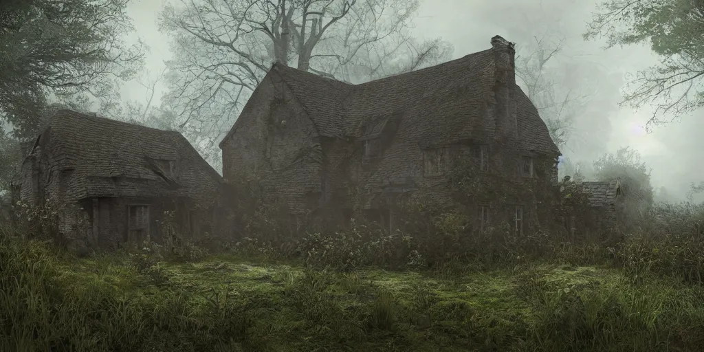 Image similar to photorealistic, ruined english cottage, overgrown vegetation, apocalypse, night, fog, shadowy creatures lurking, hyperrealistic, grimdark, artstation