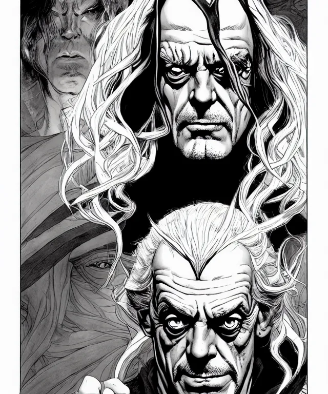 Prompt: a ( fantasy comic ) ( cover art ) portrait of an insane sorcerer who looks like ( christopher lloyd ), digital illustration by jenny frison and sana takeda and kentaro miura, fine inking lines, dnd, highly detailed!, hd, 4 k, trending on artstation