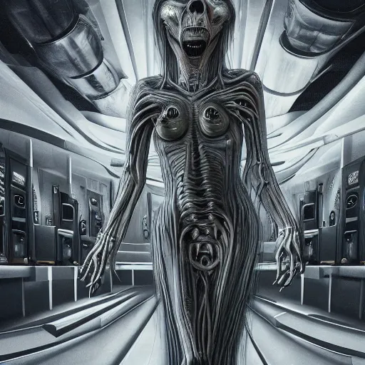 Prompt: huge audio production station interconnected with human female in the style of h.r. giger, keyboards, synthesizers, airbrush, canvas, biomechanical, surreal, nightmarish, cold, 8k, highly detailed, ultra-realistic, octane render,