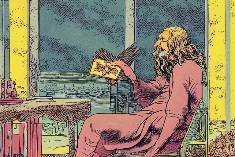 Prompt: a man with long hair reading tarot cards, by moebius